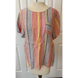 C&C California Linen Top Sz LG Coral Pink‎ Striped Short Sleeve Tunic Lagenlook